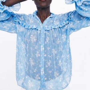 Zara Light Blue Floral Ballon Sleeve Blouse